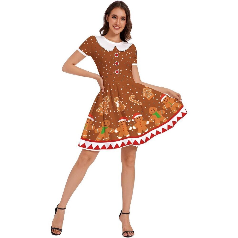 Women Ugly Christmas Santa Dress Cute Gingerbread Holiday Print Dress for Xmas - Picture 2 of 5